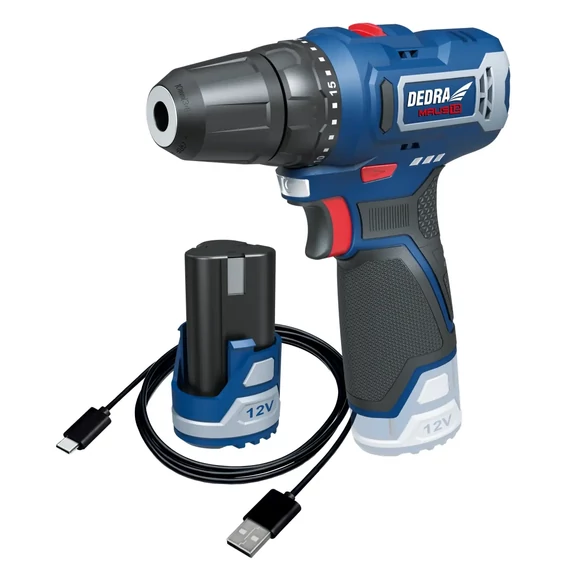 DEDRA MAUS DED7310T01 szerszámkészlet: 12V akkumulátoros fúró-csavarozó DED7330, 32 Nm, 2 Ah akkumulátor DED7320, USB-C töltőkábel DED7300