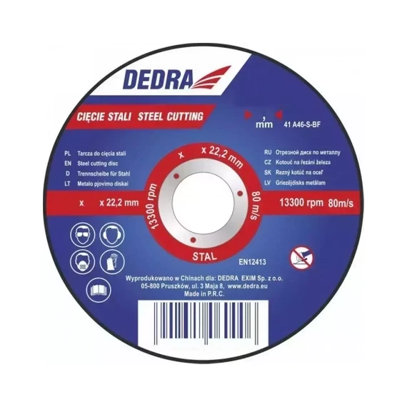 Rozsdamentes acél vágótárcsa DEDRA F13308 sarokcsiszolóhoz DED7339, méretek 76x1,0x10 mm